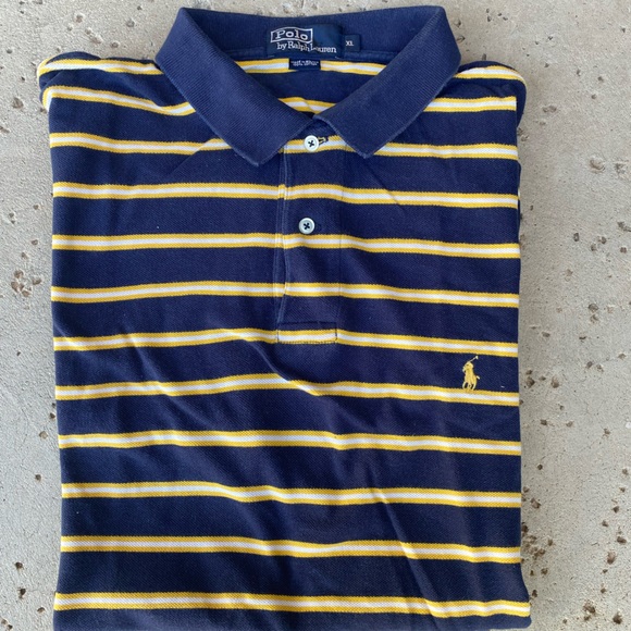 Polo by Ralph Lauren Vintage Pique Mesh Knit Polo Shirt Navy & Yellow Stripe XL - Picture 1 of 4